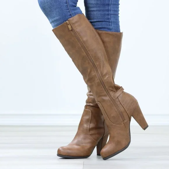 Tan Below The Knee Faux Leather Boots Round Toe Classy Cone Heeled - Picture 8 of 14